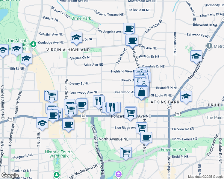 map of restaurants, bars, coffee shops, grocery stores, and more near 926 Greenwood Avenue Northeast in Atlanta