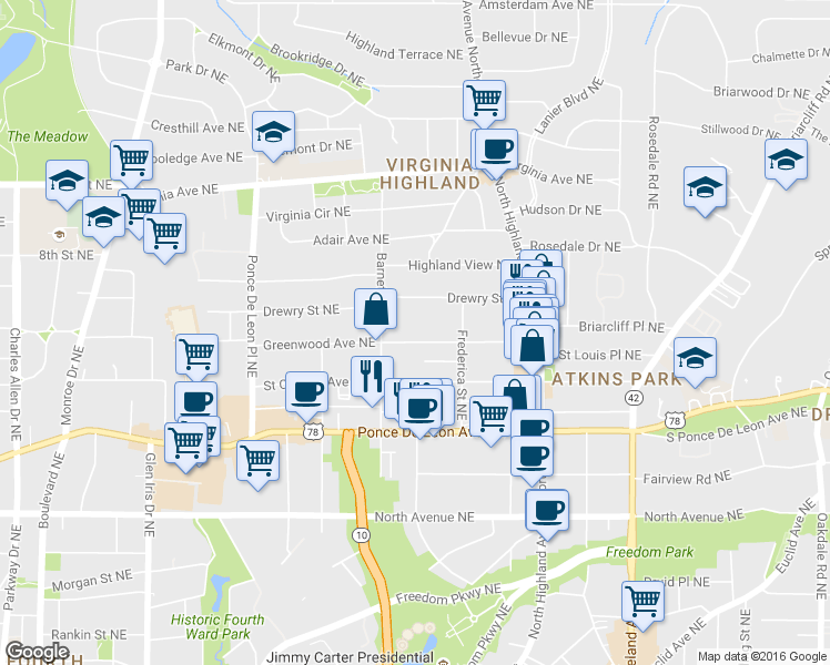 map of restaurants, bars, coffee shops, grocery stores, and more near 926 Greenwood Avenue Northeast in Atlanta