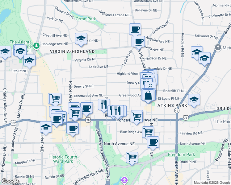 map of restaurants, bars, coffee shops, grocery stores, and more near 926 Greenwood Avenue Northeast in Atlanta