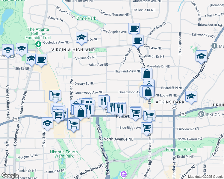 map of restaurants, bars, coffee shops, grocery stores, and more near 821 Barnett Street Northeast in Atlanta