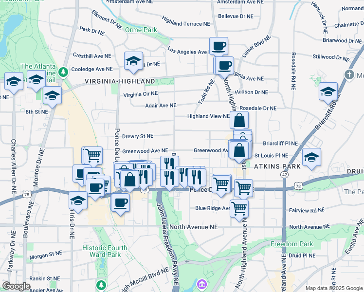 map of restaurants, bars, coffee shops, grocery stores, and more near 821 Barnett Street Northeast in Atlanta