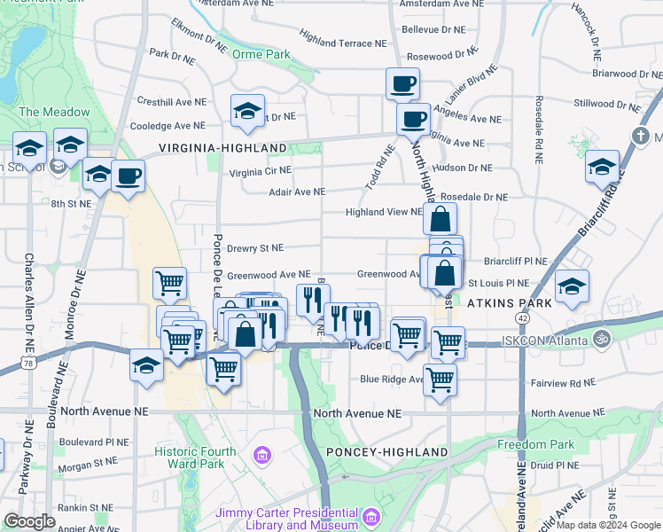 map of restaurants, bars, coffee shops, grocery stores, and more near 821 Barnett Street Northeast in Atlanta