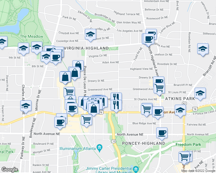 map of restaurants, bars, coffee shops, grocery stores, and more near 836 Greenwood Avenue Northeast in Atlanta