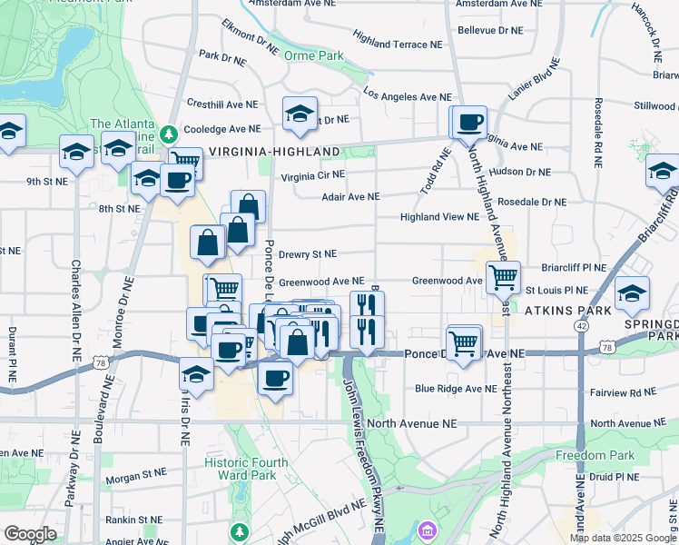 map of restaurants, bars, coffee shops, grocery stores, and more near 824 Greenwood Avenue Northeast in Atlanta