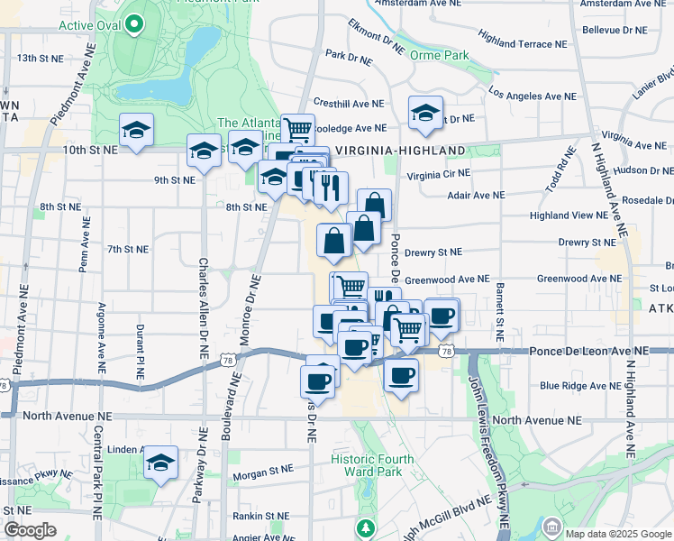 map of restaurants, bars, coffee shops, grocery stores, and more near 650 Ponce De Leon Avenue Northeast in Atlanta