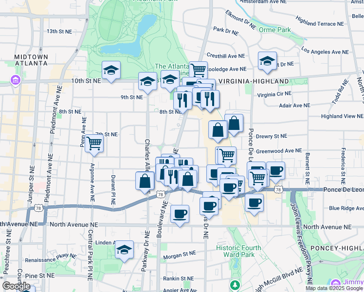 map of restaurants, bars, coffee shops, grocery stores, and more near in Atlanta