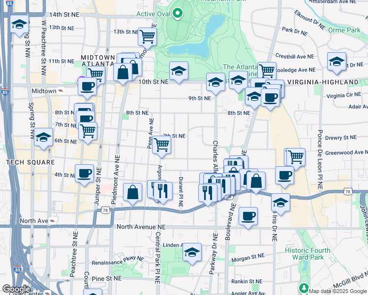 map of restaurants, bars, coffee shops, grocery stores, and more near 821-819 Durant Place Northeast in Atlanta