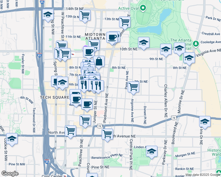 map of restaurants, bars, coffee shops, grocery stores, and more near 821 Piedmont Avenue Northeast in Atlanta