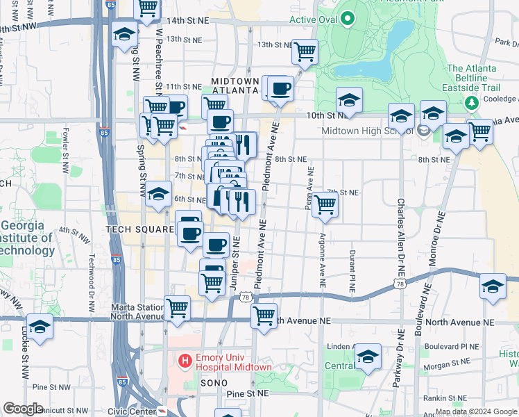 map of restaurants, bars, coffee shops, grocery stores, and more near 821 Piedmont Avenue Northeast in Atlanta
