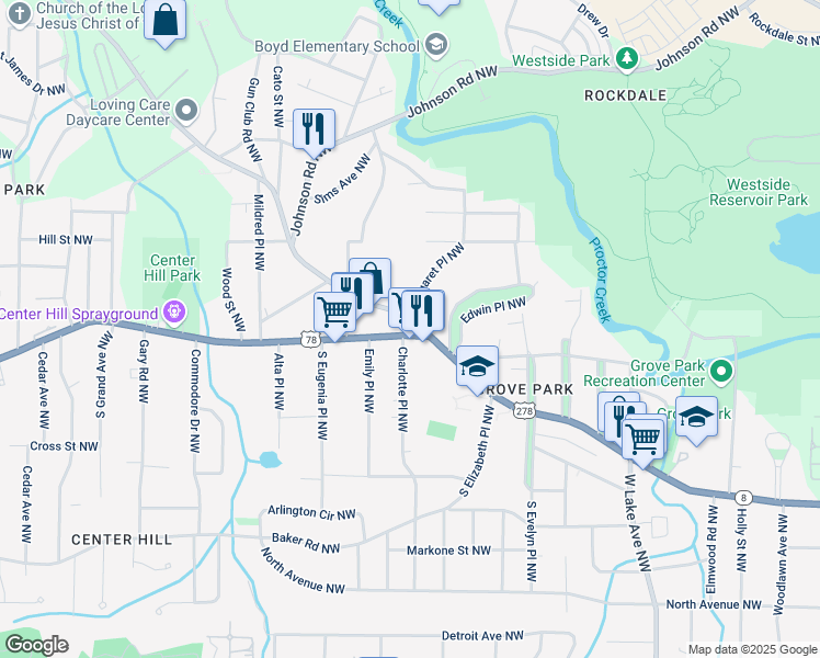 map of restaurants, bars, coffee shops, grocery stores, and more near 1991 Donald Lee Hollowell Parkway Northwest in Atlanta