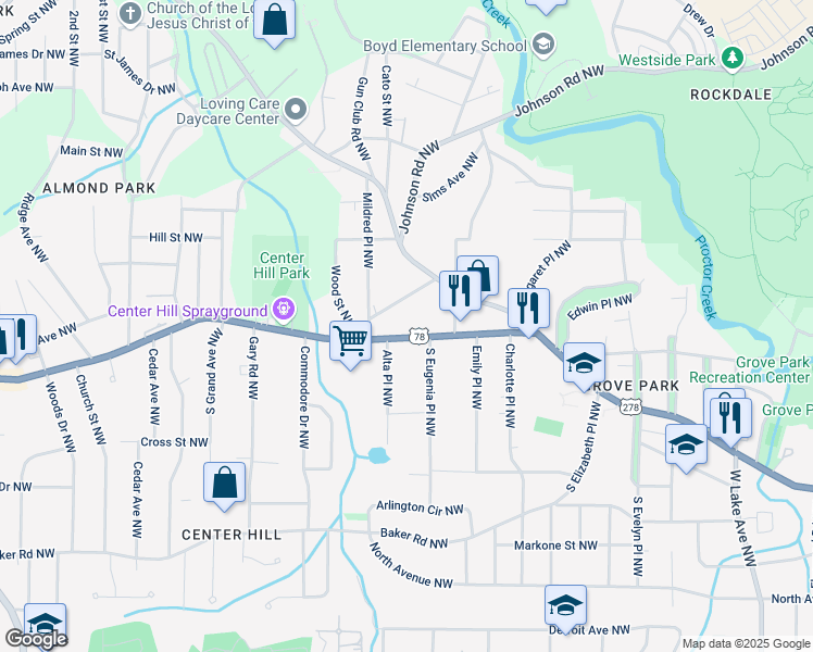 map of restaurants, bars, coffee shops, grocery stores, and more near 2131 Donald Lee Hollowell Parkway Northwest in Atlanta