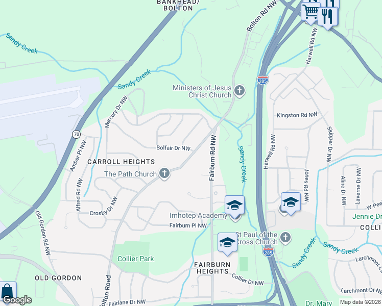 map of restaurants, bars, coffee shops, grocery stores, and more near 3518 Bolfair Drive Northwest in Atlanta