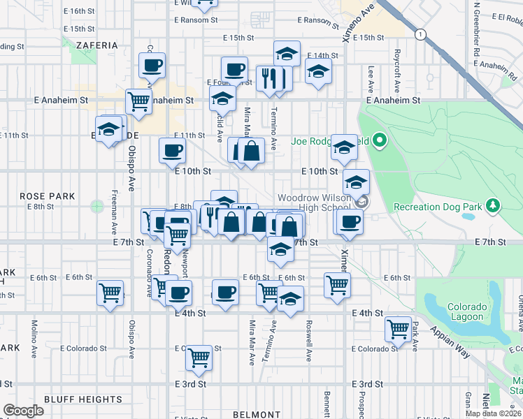 map of restaurants, bars, coffee shops, grocery stores, and more near 790 Mira Mar Avenue in Long Beach