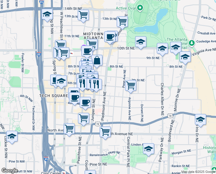 map of restaurants, bars, coffee shops, grocery stores, and more near 821 Piedmont Avenue Northeast in Atlanta