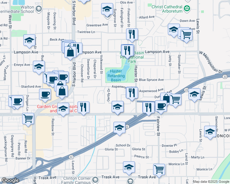 map of restaurants, bars, coffee shops, grocery stores, and more near 12801 Sungrove Street in Garden Grove