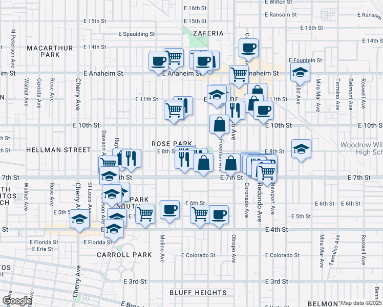 map of restaurants, bars, coffee shops, grocery stores, and more near 795 Gladys Avenue in Long Beach
