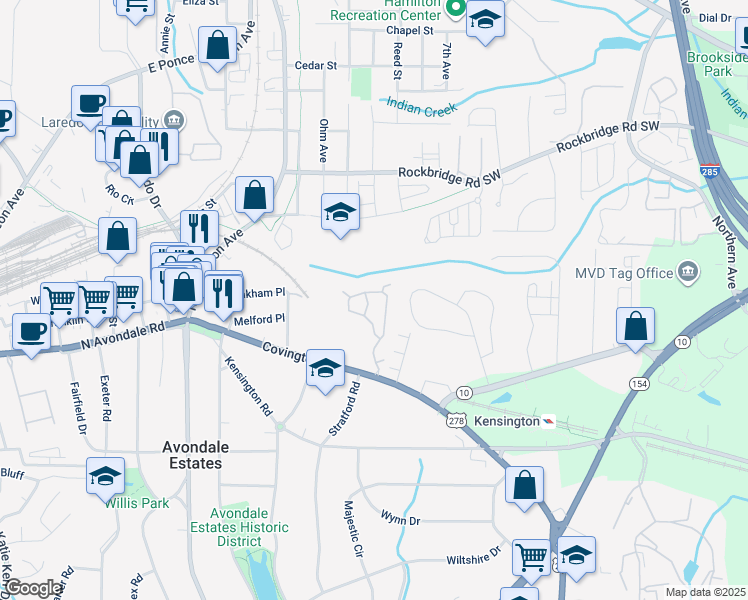 map of restaurants, bars, coffee shops, grocery stores, and more near 654 Stratford Green Way in Avondale Estates
