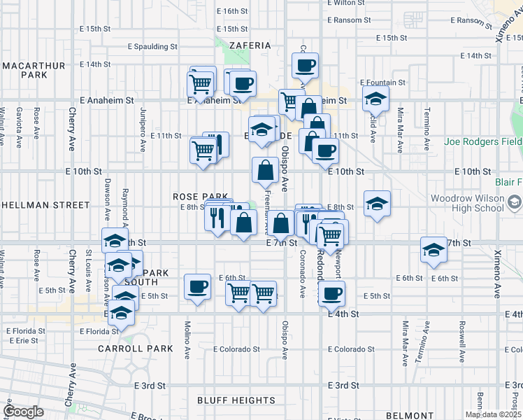 map of restaurants, bars, coffee shops, grocery stores, and more near 3020 East 8th Street in Long Beach