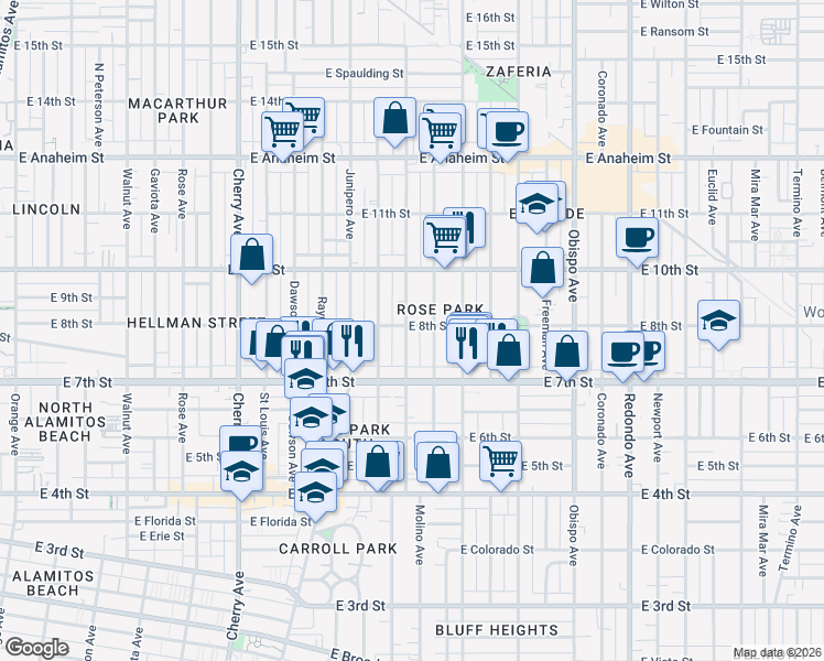 map of restaurants, bars, coffee shops, grocery stores, and more near 790 Molino Avenue in Long Beach