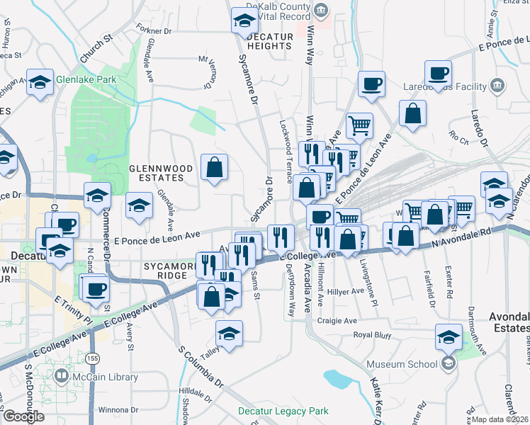 map of restaurants, bars, coffee shops, grocery stores, and more near 303 Sycamore Dr in Decatur