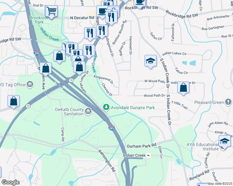 map of restaurants, bars, coffee shops, grocery stores, and more near 675 Collingwood Drive in Decatur