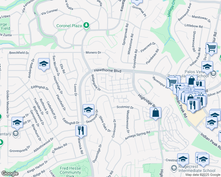 map of restaurants, bars, coffee shops, grocery stores, and more near 28033 Ridgecove Court North in Rancho Palos Verdes