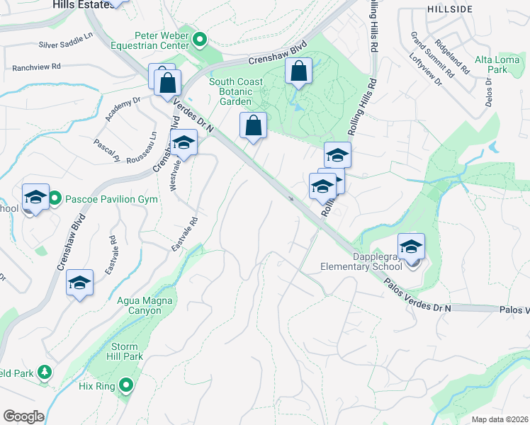 map of restaurants, bars, coffee shops, grocery stores, and more near 12 Williamsburg Lane in Rolling Hills