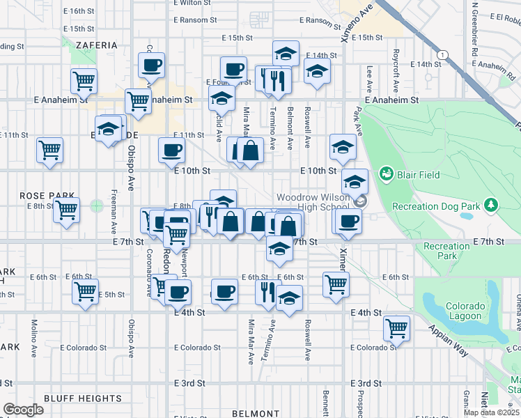 map of restaurants, bars, coffee shops, grocery stores, and more near 790 Mira Mar Avenue in Long Beach