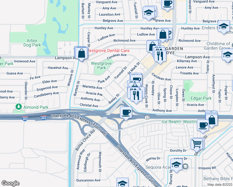 map of restaurants, bars, coffee shops, grocery stores, and more near 12771 Bailey Street in Garden Grove