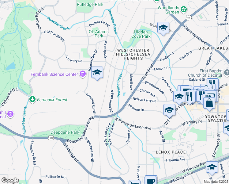 map of restaurants, bars, coffee shops, grocery stores, and more near 735 North Parkwood Road in Decatur