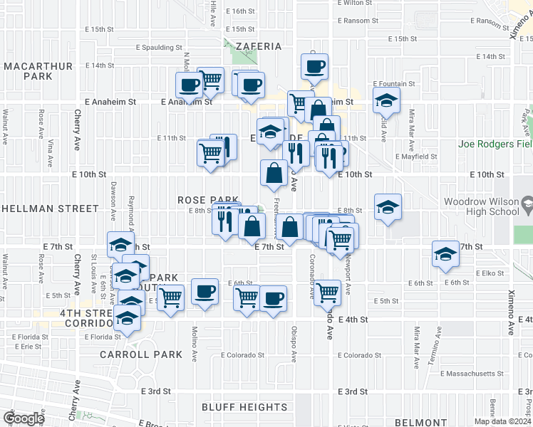 map of restaurants, bars, coffee shops, grocery stores, and more near 790 Orizaba Avenue in Long Beach