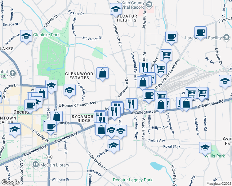 map of restaurants, bars, coffee shops, grocery stores, and more near 104 Hillcrest Avenue in Decatur