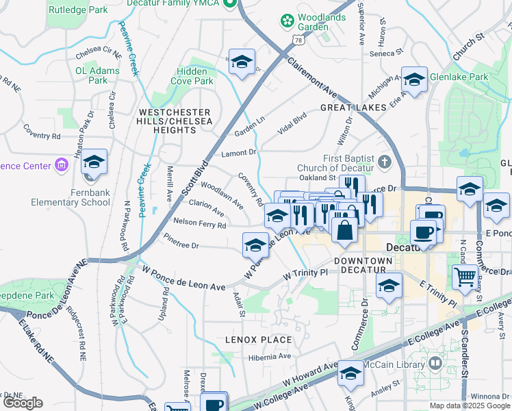 map of restaurants, bars, coffee shops, grocery stores, and more near 136 Coventry Road in Decatur