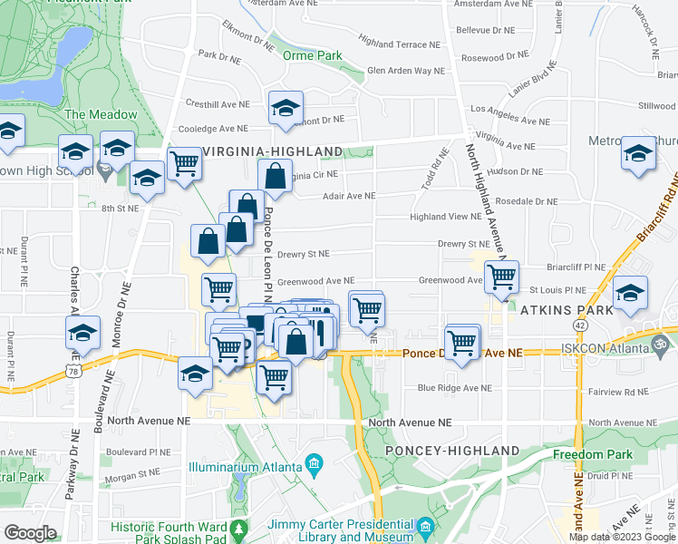 map of restaurants, bars, coffee shops, grocery stores, and more near 824 Greenwood Avenue Northeast in Atlanta