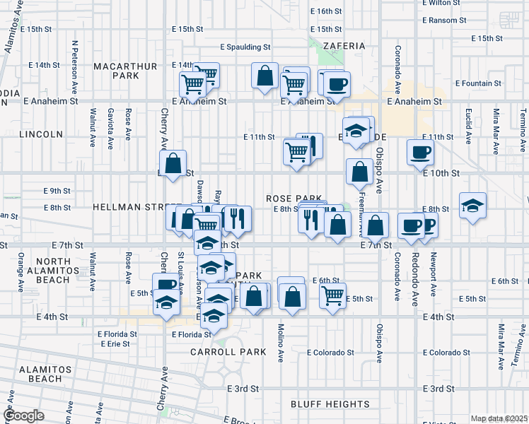 map of restaurants, bars, coffee shops, grocery stores, and more near 790 Molino Avenue in Long Beach