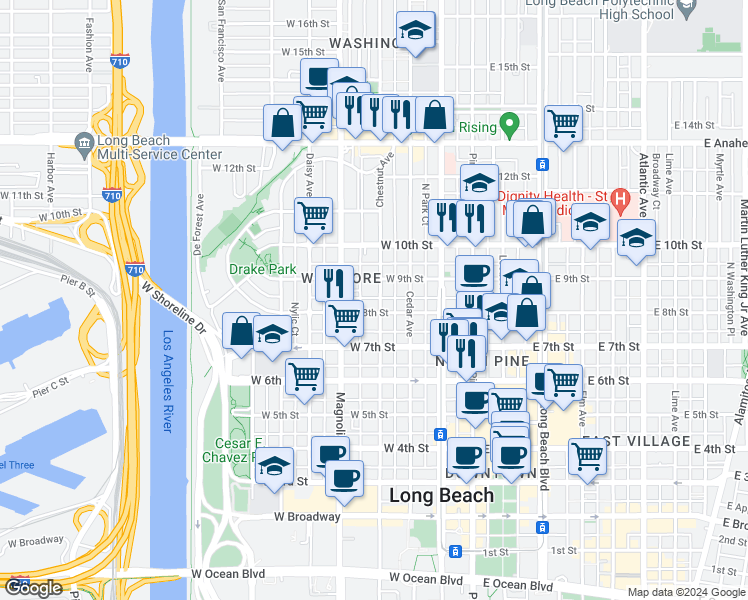 map of restaurants, bars, coffee shops, grocery stores, and more near 821 Chestnut Avenue in Long Beach