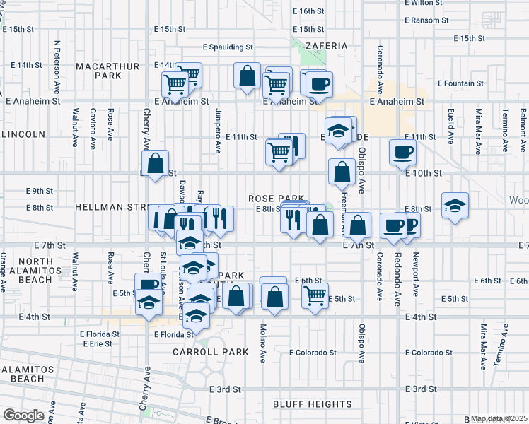 map of restaurants, bars, coffee shops, grocery stores, and more near 2624 East 8th Street in Long Beach