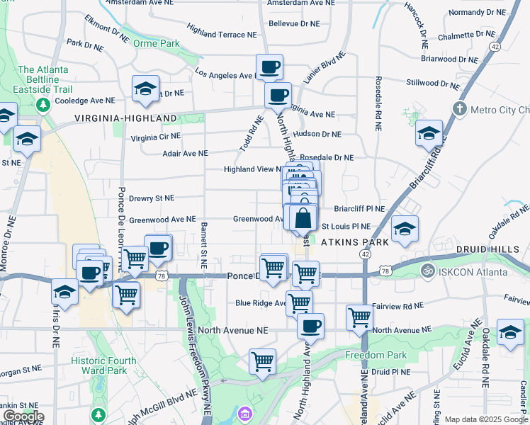 map of restaurants, bars, coffee shops, grocery stores, and more near 986 Greenwood Avenue Northeast in Atlanta