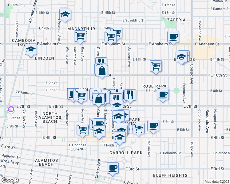 map of restaurants, bars, coffee shops, grocery stores, and more near 786 Dawson Avenue in Long Beach