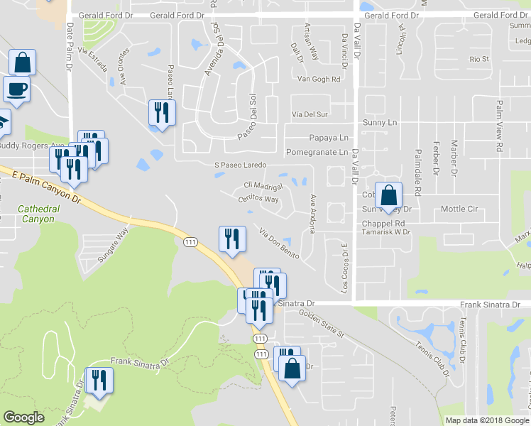 map of restaurants, bars, coffee shops, grocery stores, and more near 447 Paseo Perdido in Cathedral City