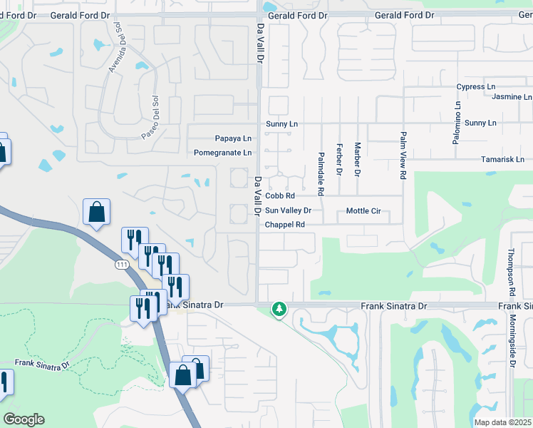 map of restaurants, bars, coffee shops, grocery stores, and more near 70061 Sun Valley Drive in Rancho Mirage