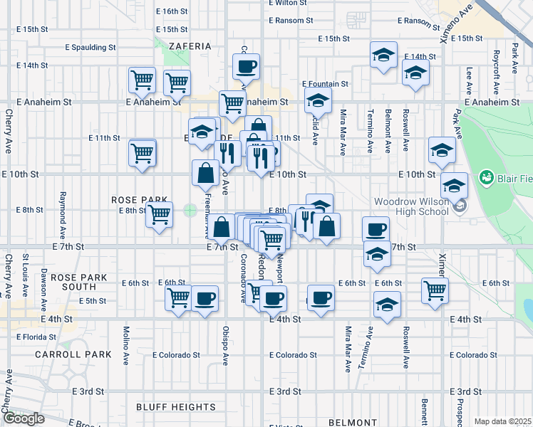 map of restaurants, bars, coffee shops, grocery stores, and more near 790 Redondo Avenue in Long Beach