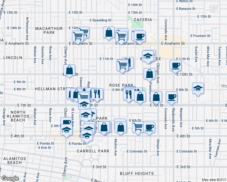 map of restaurants, bars, coffee shops, grocery stores, and more near 790 Molino Avenue in Long Beach