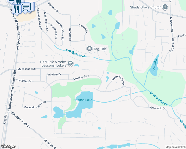 map of restaurants, bars, coffee shops, grocery stores, and more near 5890 Gateway Boulevard in Stone Mountain