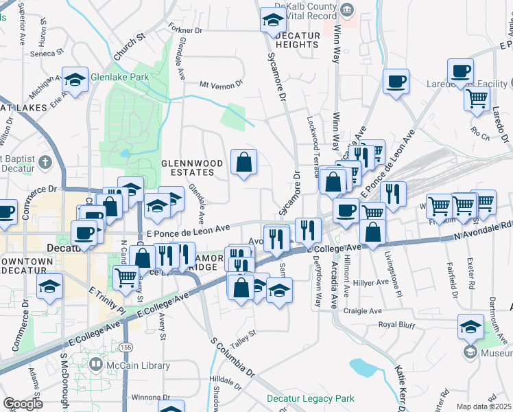 map of restaurants, bars, coffee shops, grocery stores, and more near 220 Mountain View Street in Decatur