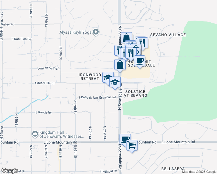 map of restaurants, bars, coffee shops, grocery stores, and more near 7191 Ashler Hills Drive in Scottsdale