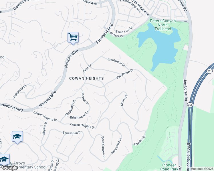 map of restaurants, bars, coffee shops, grocery stores, and more near 10062 Rangeview Drive in North Tustin