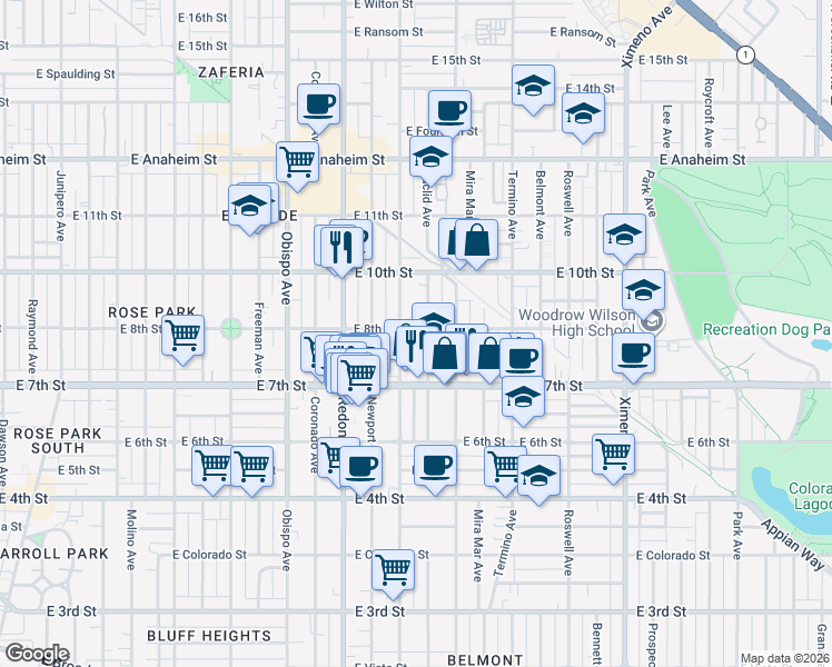 map of restaurants, bars, coffee shops, grocery stores, and more near 3624 East 8th Street in Long Beach