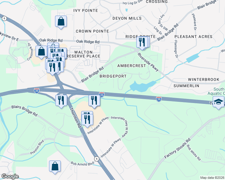 map of restaurants, bars, coffee shops, grocery stores, and more near 7266 Bridgeport Court in Austell