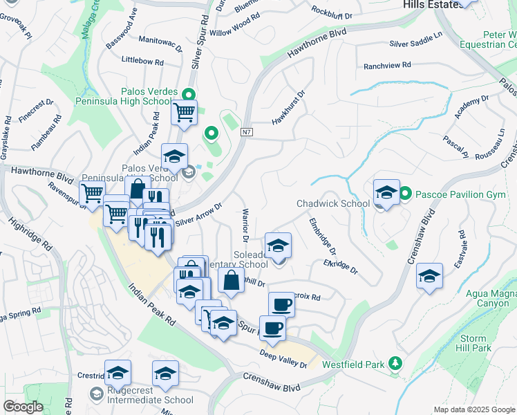 map of restaurants, bars, coffee shops, grocery stores, and more near 27342 Warrior Drive in Rancho Palos Verdes